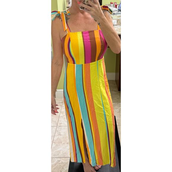 Gianni Bini linen striped midi dress yellow pink turquoise small NWT - Picture 3 of 8